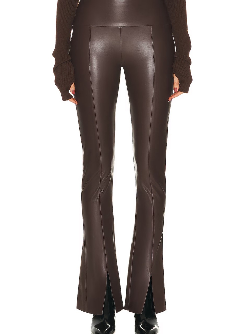 Norma Kamali Chocolate Brown Faux Leather Spat Legging with Front Slits